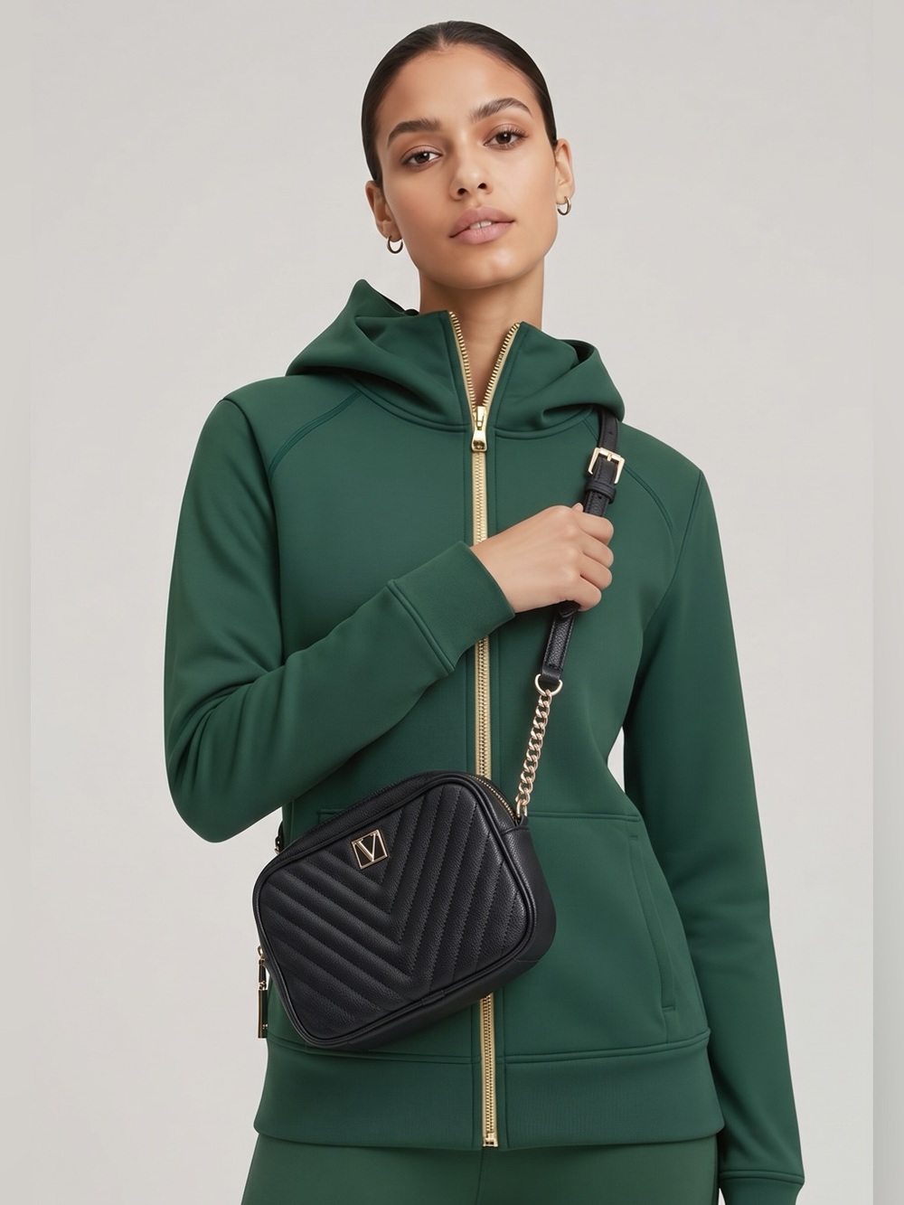Victoria Secret Black Quilted Crossbody Bag with Gold Chain Accent